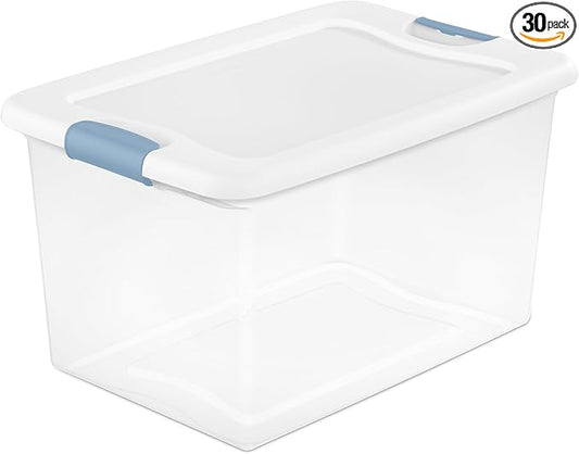 Sterilite 30-Pack Latching Box, Under Bed Storage Bins with Lids, Clear Plastic, 64 Quart - Heavy-Duty Organizing Containers for Closet, Bathroom, and Office
