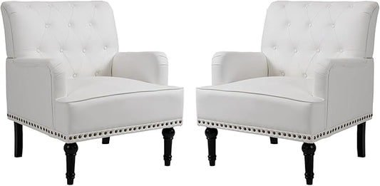 MOJAY Modern PU Leather Accent Chair Set of 2, Mid-Century Living Room Lounge Club Chair with Rivet Trim, Single Sofa Reading Arm Chair for Bedroom Home Office Study Lounges(White)