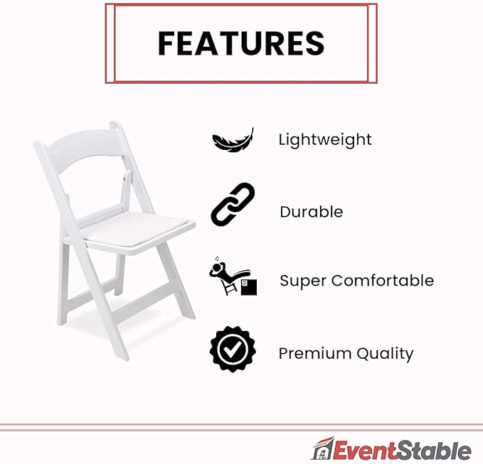 EventStable Titan PRO Resin White Indoor/Outdoor Lightweight Vinyl Padded Folding Chair for Weddings Parties Events - 4 Pack