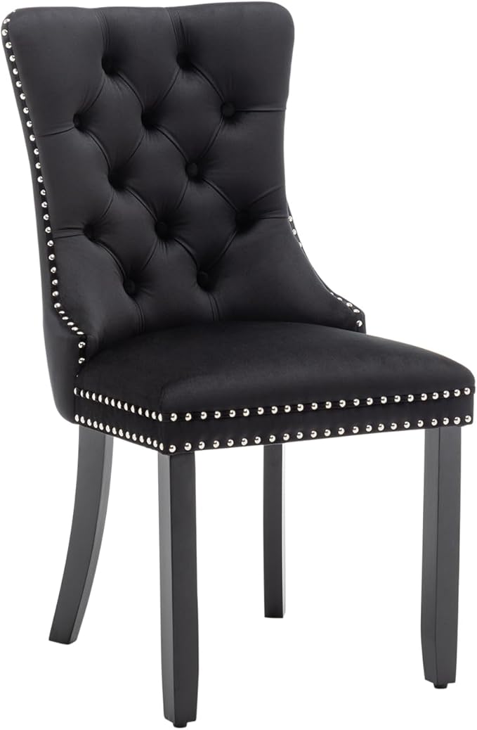 Velvet Dining Chairs Set of 2, Tufted Dining Room Chairs with Nailhead Ring Pull Trim, Upholstered Dining Chairs with Solid Wood Legs for Kitchen Dining Room (Black)