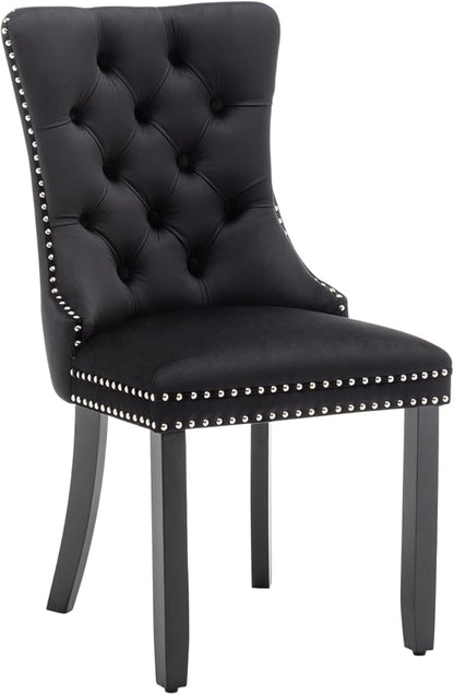 Velvet Dining Chairs Set of 6, Tufted Dining Room Chairs with Nailhead Ring Pull Trim, Upholstered Dining Chairs with Solid Wood Legs for Kitchen Dining Room, Sillas De Comedor (Black)