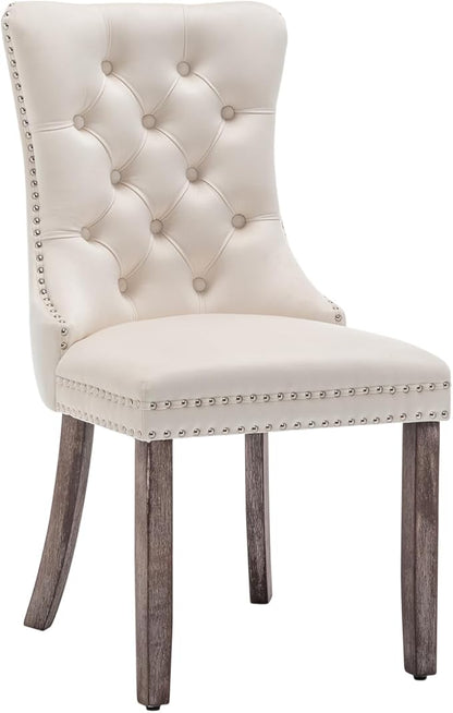 Velvet Dining Chairs Set of 6, Upholstered Dining Room Chairs with Nailhead Ring Pull Trim, Button Tufted Wing Back Chairs for Dining with Solid Wood Legs for Kitchen Dining Room(Beige)