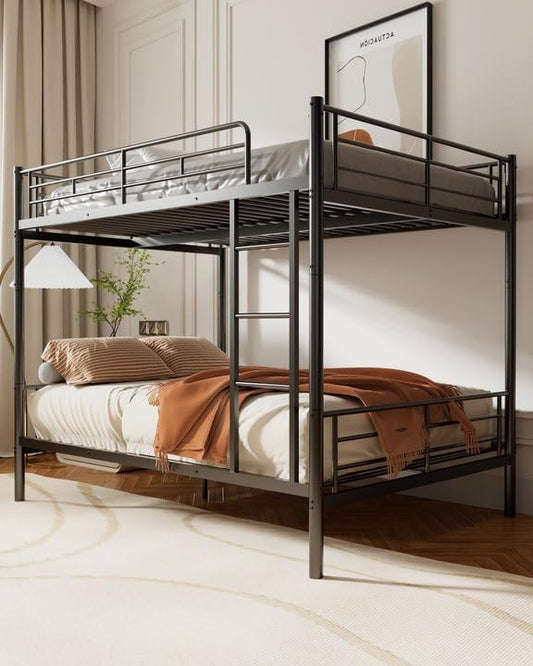 Full Over Full Bunk Bed, Convertible into 2 Full Beds, Heavy-Duty Metal Bed Frame with Safety Full-Length Guardrails & EVA Padded Ladder for Adults, Teens, Kids, No Box Spring Needed, Black