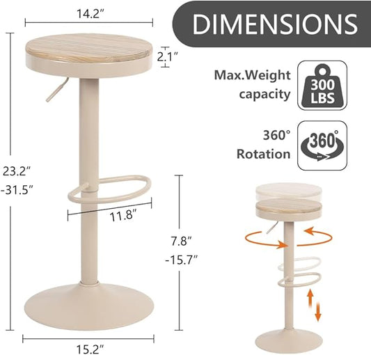 Kidol & Shellder Bar Stools Set of 6 Round Adjustable Swivel Barstools Modern Backless Bar Chairs Wooden Seat Counter Height Stools Armless for Kitchen Island, Cafe, Dining Room (Khaki)