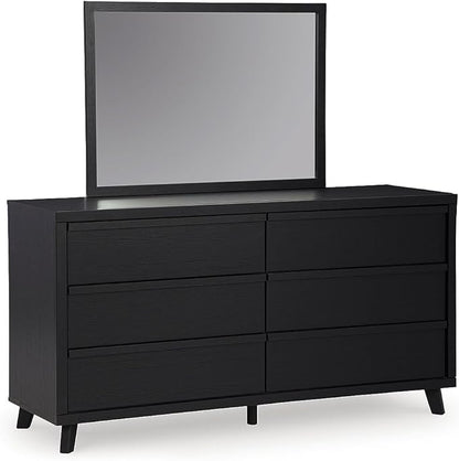 Signature Design by Ashley Danziar Mid-Century Modern 6-Drawer Dresser and Mirror with Safety Stop, Black