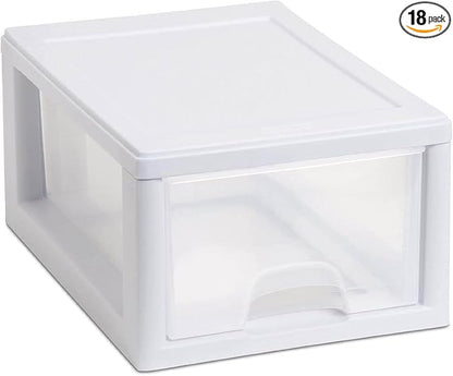 Sterilite 18-Pack Stacking Drawers, Clear Storage Closet Organizer, White Frame, 6 Quart