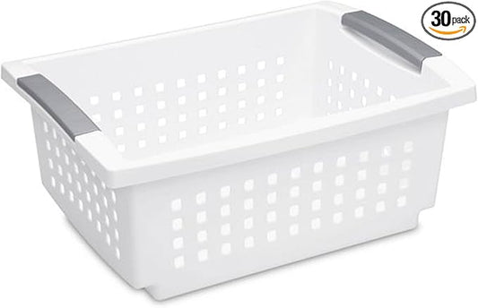 Sterilite Stackable Storage Bin and Organization Basket with Flip Down Accent Rails for Home and Household Organization, Medium, White (30 Pack)
