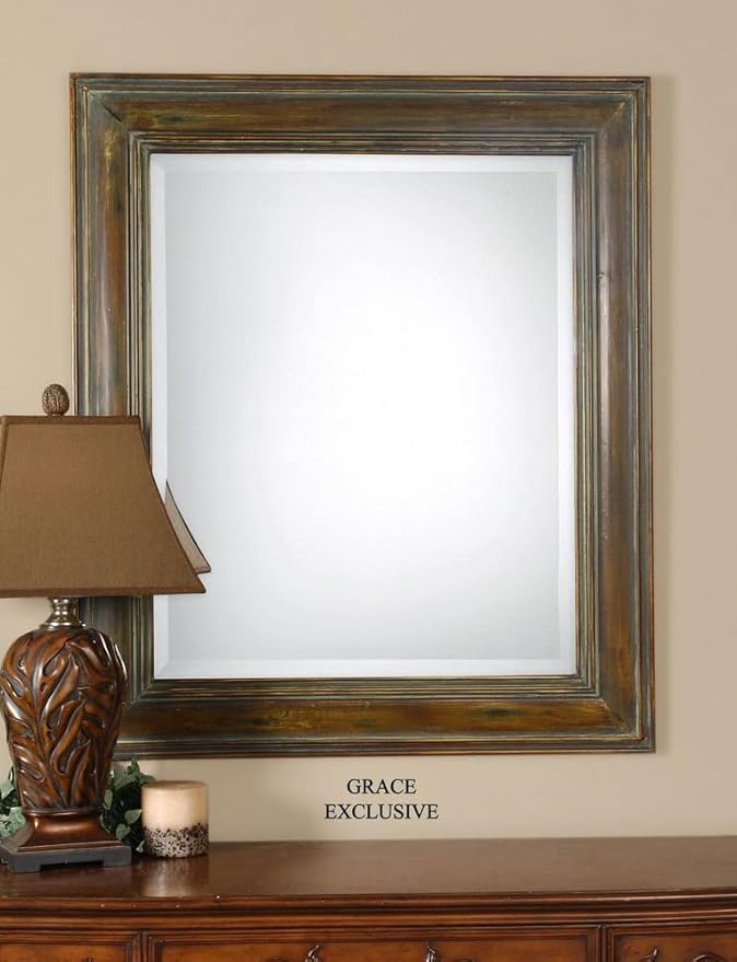 Uttermost 07016 Darian - 42" Square Mirror, Dark Brown/Gold/Sage Glaze Finish
