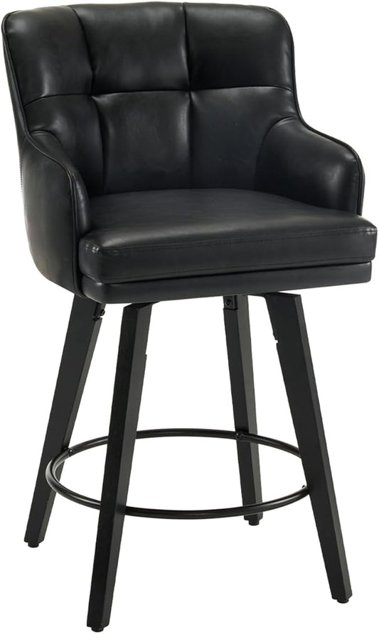 360°Swivel Counter Height Bar Stools with Back, 26 inch Solid Wood Legs, Bar Stool Modern Kitchen Island Chairs, Faux Leather (Black- Faux Leather, 26" H- Set of 1)