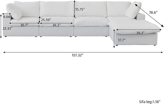 Cloud Couch Modular Sectional Sofa with Storage Ottoman,160.6" L Shaped Couch for Living Room,Down Filled 5 Seater White Convertible Sectional Sofas,Covers Washable&Replaceable