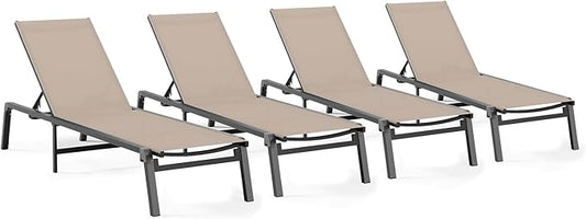 Patio Chaise Lounge Chair Set of 4, Foldable Lounge Chair for Outside, Aluminum Chairs with 5 Adjustable Backrest, Outdoor Pool Lounger for Poolside, Lawn, Deck, Khaki