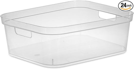 Sterilite 5.25 x 12.25 x 15 Inch Medium Modern Storage Bin w/Comfortable Carry Through Handles & Banded Rim for Household Organization, Clear 24 Pack