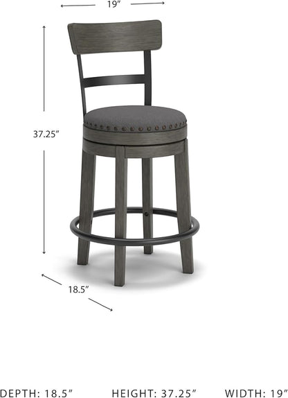 Signature Design by Ashley Caitbrook | Farmhouse Swivel 24" Counter Height Barstool – 360° Swivel, Upholstered with Nailhead Trim, Metal & Wood Frame, Gray