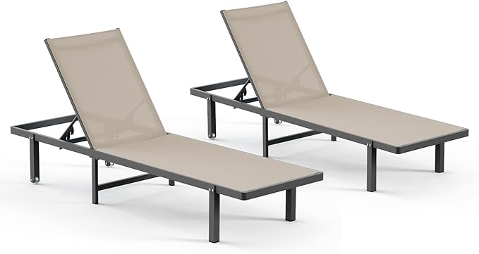 Pool Lounge Chairs Set of 2，Outdoor Lounge Chairs with Wheels and 5-Position Recliner -Easy to Move- Aluminum Patio Lounge Chair for Poolside, Deck (Khaki)