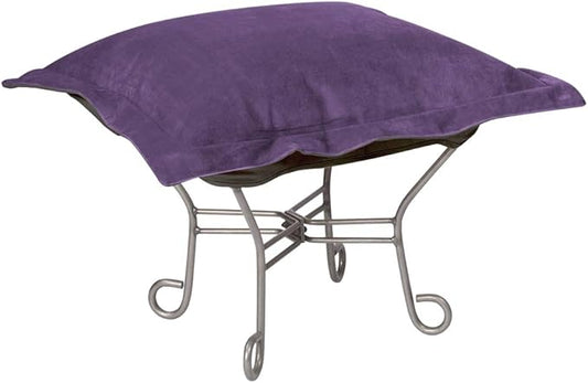 Howard Elliott Scroll Puff Ottoman Chair With Cover, Multipurpose Alternate Seating Footstool Footrest Chair with Titanium Frame, Patio Furniture for Camping, Home, Indoor & Outdoor, Bella Eggplant