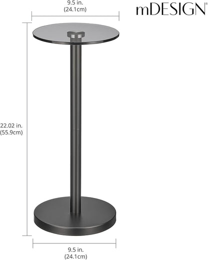 mDesign Glass Top Side/End Drink Table - Small Modern Round Accent Metal Nightstand Furniture for Living Room, Dorm, Home Office, and Bedroom - 9" Round - Smoke Gray/Black