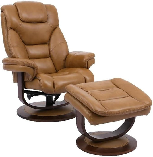 Pemberly Row Stressless Recliner with Ottoman in Brown Leather, Manual Swivel Recliner Chair for Living Room Comfort