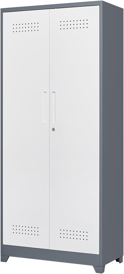 FLEXIMOUNTS 73'' Tall Metal Storage Cabinet with Locking Door, Large Cleaning Tool Organizer for Brooms, Garage, Laundry Room, Bathroom, Grey-White