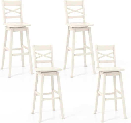 COSTWAY 30-Inch Bar Height Stool Set of 4, Rubber Wood Swivel Bar Stool with Inclined Backrest, Curved Seat & Footrest, Bar Chair for Kitchen Island & Pub (4, Cream)