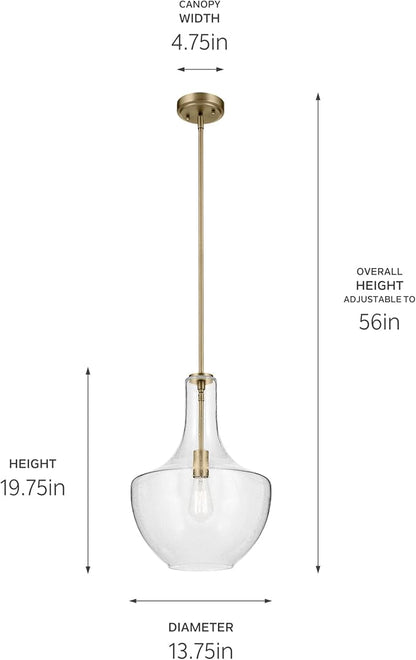 Everly 19.75" 1-Light Bell Pendant with Clear Seeded Glass in Brushed Nickel, for Kitchen Island, Dining Nook, Bedroom, (19.75" x 13.75") 42046NBRCS