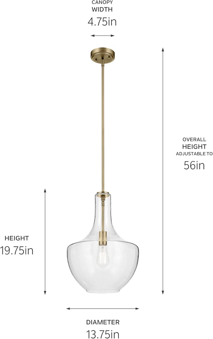 KICHLER Everly 19.75” Bell Pendant in Natural Brass with Clear Glass, 1-Light Modern Pendant Light, 42046NBR