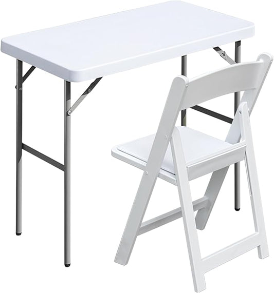 Folding Table Rectangular All-Occasion Plastic Folding Event Table for Indoor and Outdoor, Portable Desk, Camping, Durable and Stable, HDPE and Steel (White, 2.7ft + 1 Chair)