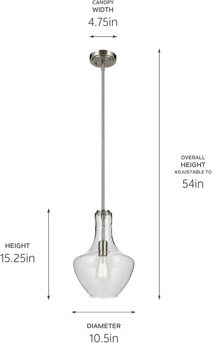 Kichler Everly 15.25" Kitchen Bell Pendant in Brushed Nickel, 1-Light Clear Seeded Glass Pendant Light, (15.25" H x 10.5" W), 42141NICS