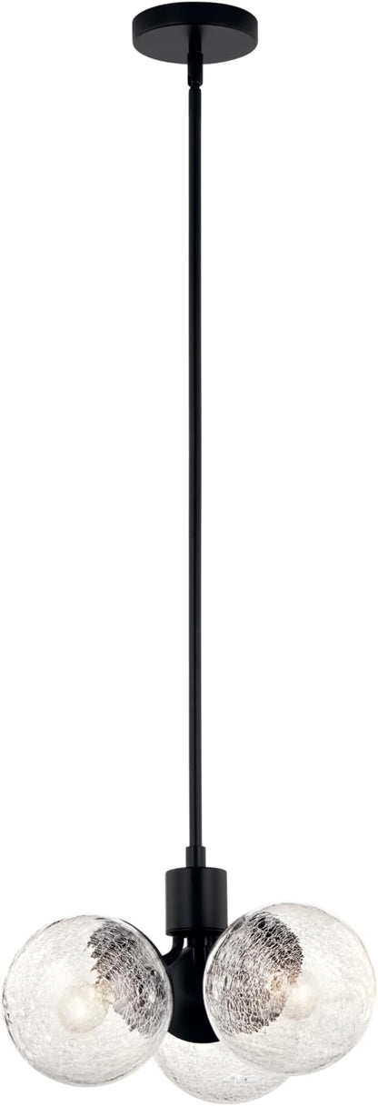 KICHLER Silvarious 3-Light Convertible Pendant, Soft Modern Light with Clear Crackled Glass in Black, for Hallway, Dining Nook, Bedroom or Kitchen (9.5" x 16.5"), 52700BK