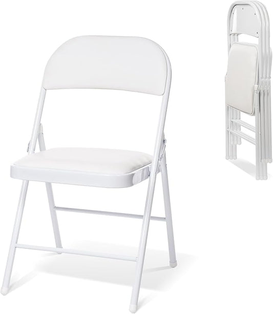 4 Pack Folding Chairs with Padded Seats, Padded Folding Chair with Steel Frame for Events Home Office, Pu Leather Folding Chair White