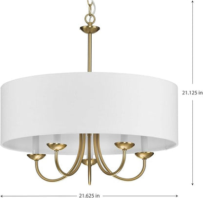 Progress Lighting Drum Shade Collection Five-Light Chandelier, Farmhouse Style Hanging Ceiling Light Fixture for Dining Rooms, Foyers, White Fabric Shade, Brushed Bronze