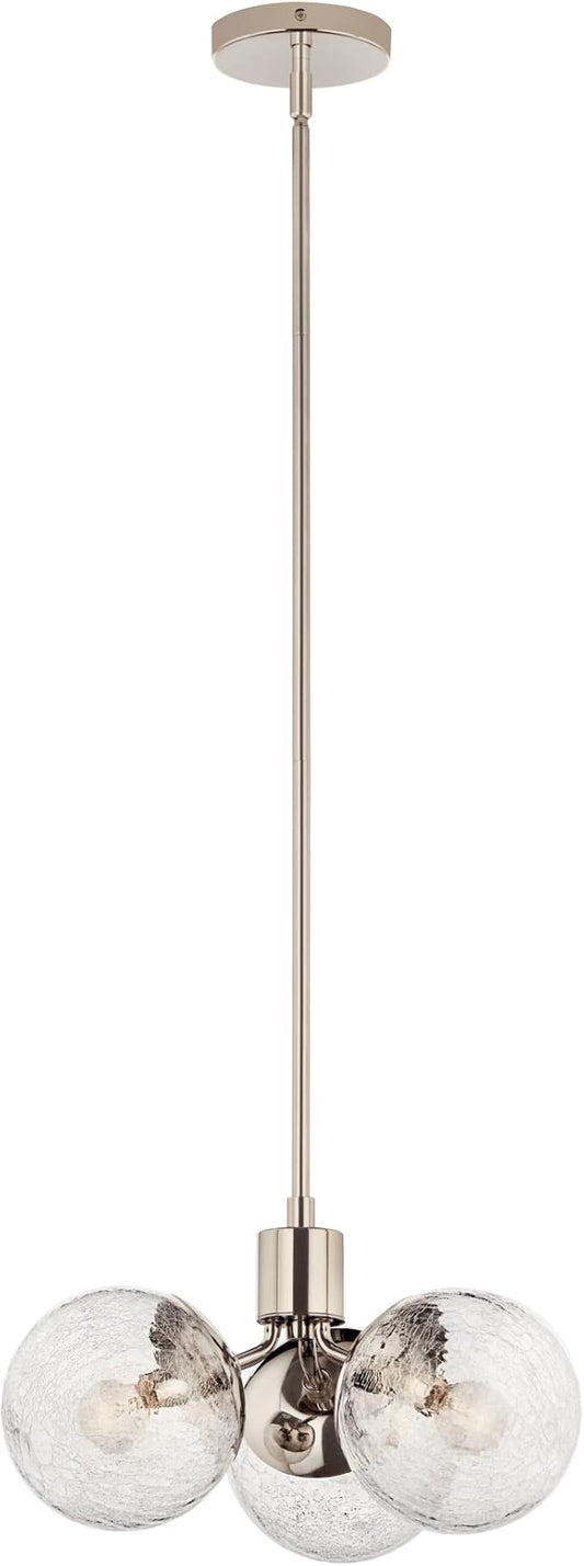 KICHLER Silvarious 3-Light Convertible Pendant, Soft Modern Light with Clear Crackled Glass in Polished Nickel, for Hallway, Dining Nook, Bedroom or Kitchen (9.5" x 16.5"), 52700PN