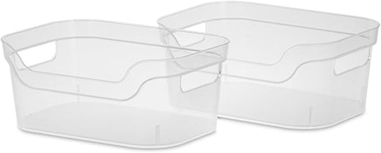 Sterilite 9.5 x 6.5 x 4 Inch Small Open Scoop Front Clear Storage Bin with Comfortable Carry Through Handles for Household Organization (16 Pack)