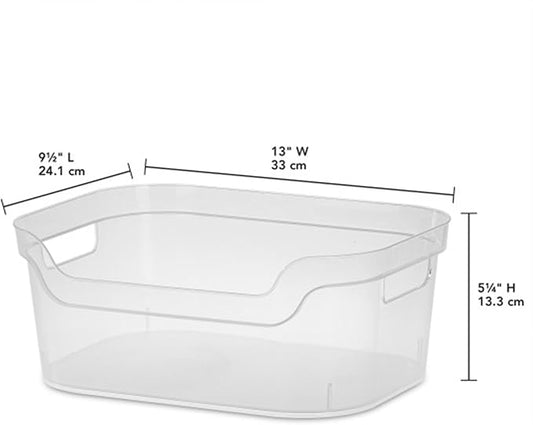 Sterilite 5.25x9.5x13 In Medium Polished Open Scoop Front Storage Bin w/Comfortable Carry Through Handles for Household Organization, Clear (24 Pack)