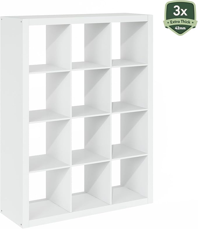 Furinno Cubicle Book Shelf, 12-Cube Bookshelf, Triple Thick Frame Cube Storage Organizer, Bookcase, 15.4 x 57.4 x 43.4, for Home Office, Living Room, Plain White