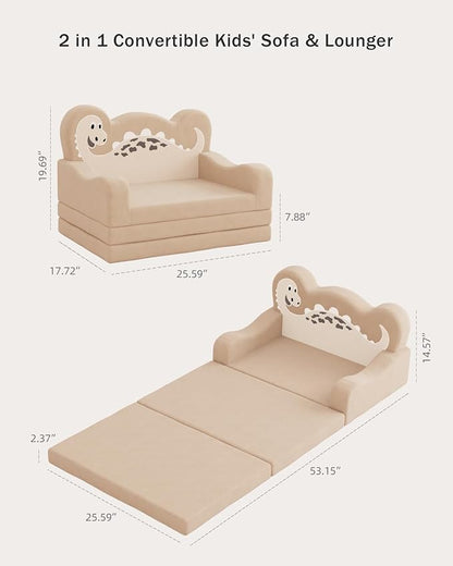 YACODAVO 2-in-1 Kids Couch Fold Out, Convertible Toddler Couch to Lounger, Toddler Chair Comfy, Kids Sofa for Girls and Boys, Gift for Birthday, Children's Day, Dinosaur Beige
