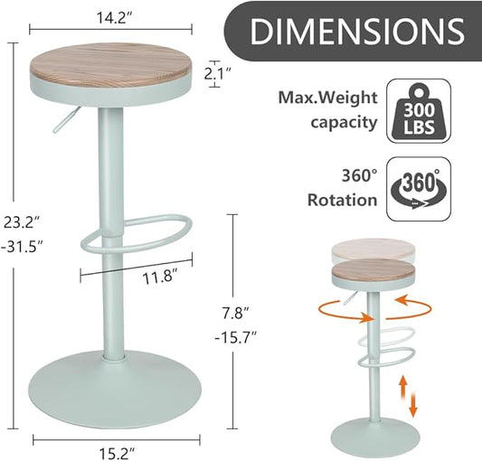 Kidol & Shellder Bar Stools Set of 6 Round Adjustable Swivel Barstools Modern Backless Bar Chairs Wooden Seat Counter Height Stools Armless for Kitchen Island, Cafe, Dining Room (Mint Green)