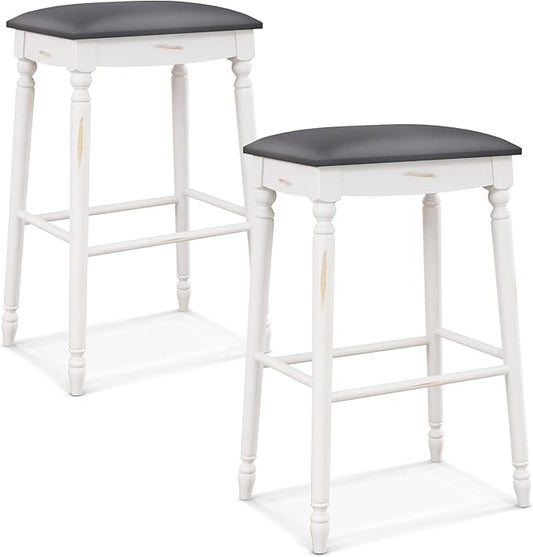 COSTWAY Upholstered Bar Stools Set of 2, 29-Inch Backless Counter Height Dining Stools with Delicate Wood Carving, Footrest, Solid Rubber Wood Frame, Farmhouse BarStools for Kitchen Island Bar, White