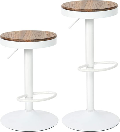 Kidol & Shellder Bar Stools Set of 2 White Round Adjustable Swivel Barstools Modern Backless Bar Chairs Wooden Seat Counter Height Stools Armless for Kitchen Island, Cafe, Dining Room