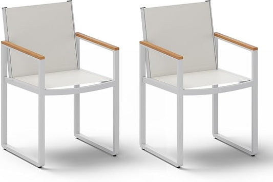 Outdoor Dining Chairs Set of 2, Aluminum Patio Dining Chiars with Textilene Mesh, 2 Piece Outdoor Chiars for Garden, Backyard, Deck (White-Teak)