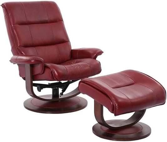 Pemberly Row Stressless Recliner with Ottoman in Red Leather, Manual Swivel Recliner Chair for Living Room Comfort