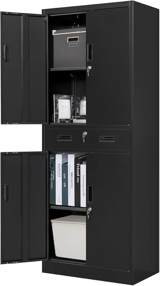 Metal Storage Cabinet, 71 Inch Tall Metal Storage Cabinet with Doors and Shelves, Pantry Cabinets with Drawer for Kitchen Storage, Garage Cabinet for Living, Dining Room, Assemble Required.