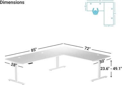 Progressive Desk Stand Up Height Adjustable Standing Desk - L Shaped 85" x 72" Corner Computer Rising Workstation Electric Table - White Frame, Gray Oak Top
