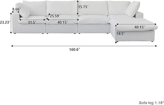 Cloud Modular Sectional Sofa with Storage Ottoman,160.6" Down Filled Comfort L Shaped Sofa Couch for Living Room,Minimalist Wide Deep Seat Convertible Couches,4 Seater and 1ottoman,White