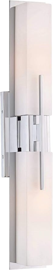 Possini Euro Design Midtown Mid Century Modern Wall Mount Light Chrome Silver Metal 23 1/2" Wide 2-Light Vanity Fixture Rectangular White Glass Shades Decor for Bathroom Over Mirror House Home