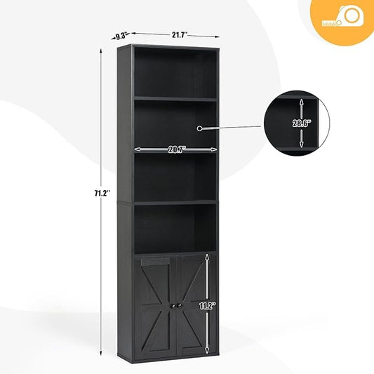 MXV Bookshelf Bookcase with Doors, 6 Tier 71" Tall Wooden Storage Shelves Organizer, Floor Standing Display Cabinet Shelves, Home Decor Furniture for Home Office, Living Room, Bedroom, Black