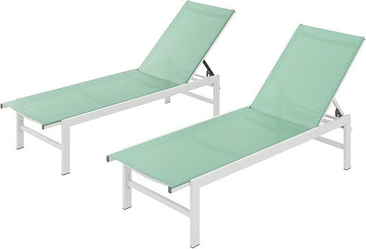 Outdoor Lounge Chairs Set of 2 for Pool, Aluminum Chaise Lounge Chairs with 5-Position Recliner, Patio Lounge Chair for Backyard, Poolside, Deck, Lawn, Light Green