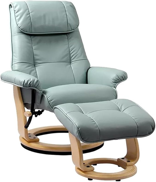 Pemberly Row Stressless Recliner with Ottoman in Blue Leather, Recliner with Ottoman Set for Contemporary Living Room