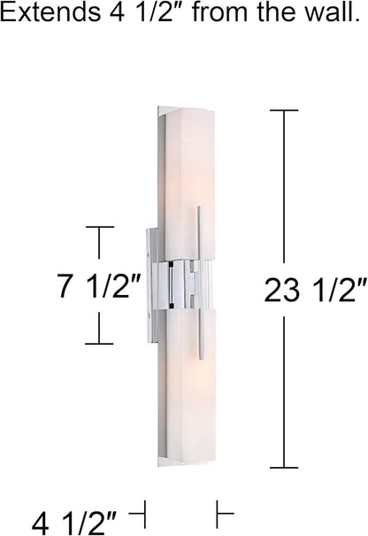Possini Euro Design Midtown Modern Wall Lights Set of 2 Chrome Silver Metal Hardwired 4 1/2" Fixture White Glass Rectangular Shade for Bedroom Bathroom Vanity Living Room Home Hallway Dining House