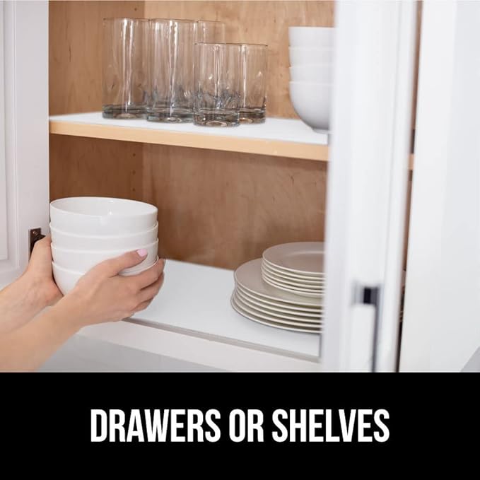 GORILLA GRIP Slip Resistant Drawer and Shelf Liner 2 Pack, Non Adhesive Water Resistant, Easy Clean and Trim, Smooth Surface Liners for Kitchen Cabinet, Shelves, Drawers, Pantry, 12 in x 10 FT, White