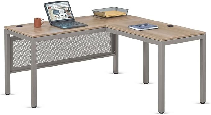 NBF at Work Reversible L Shaped Executive Office Desk - Durable Espresso Laminate Computer Desk with Steel Frame - Modern Desk with 3 Grommet Holes - 60" W x 60" D Work Desk for Home (Brown)